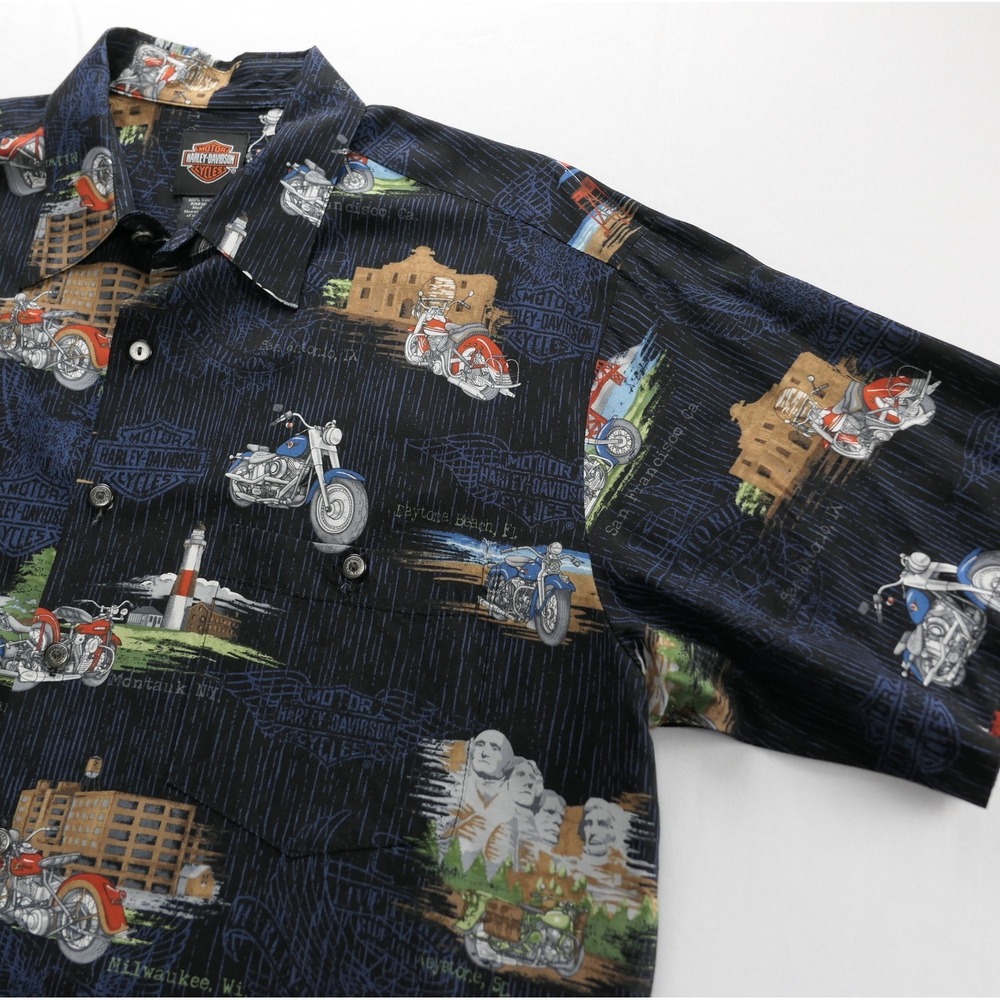 Harley Davidson Mens L Hawaiian Shirt Viscose AOP Motorcycle 40s Knucklehead WLA
